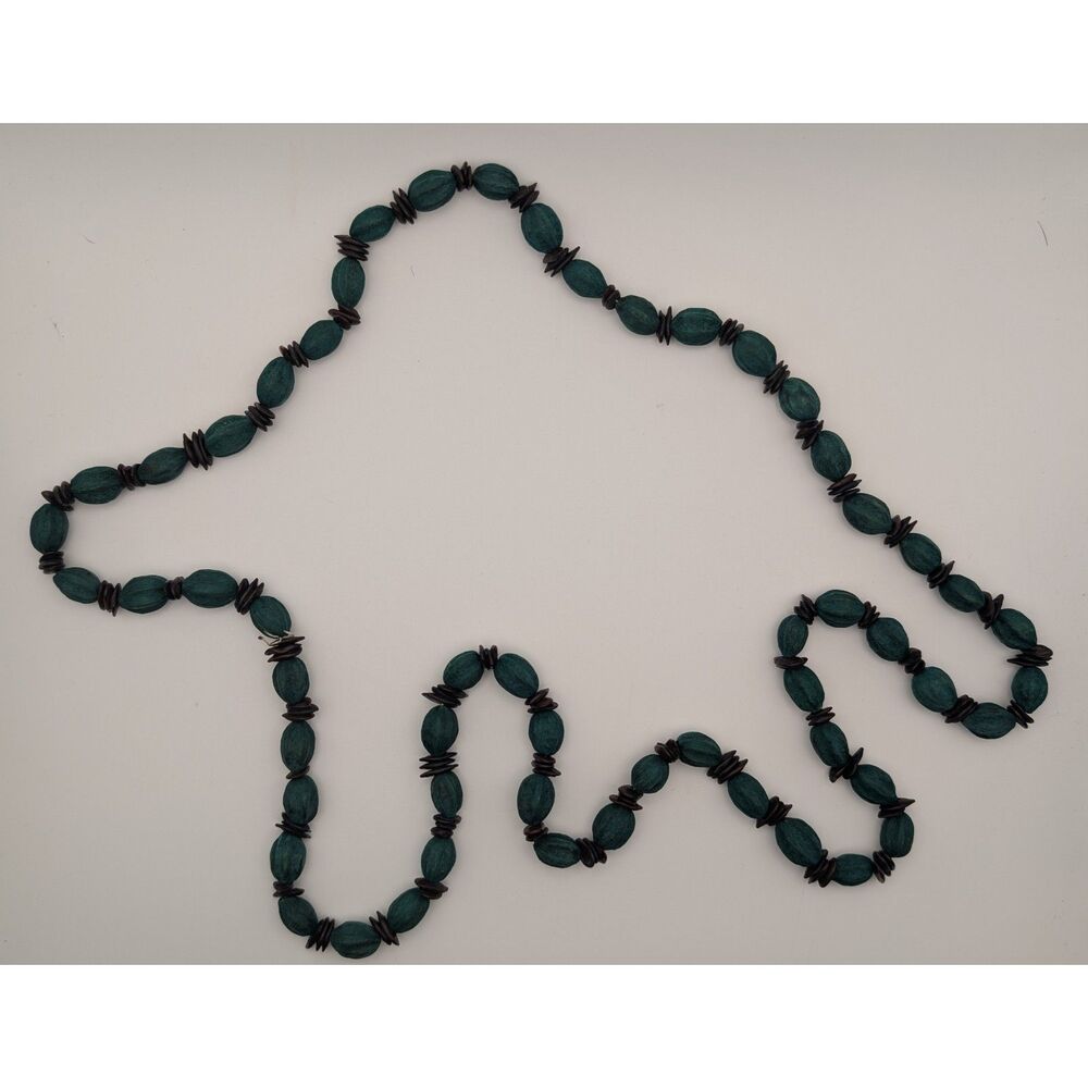 Vintage Boho Wood Bead Necklace Green Oval Brown Disk Spacer Tribal Style